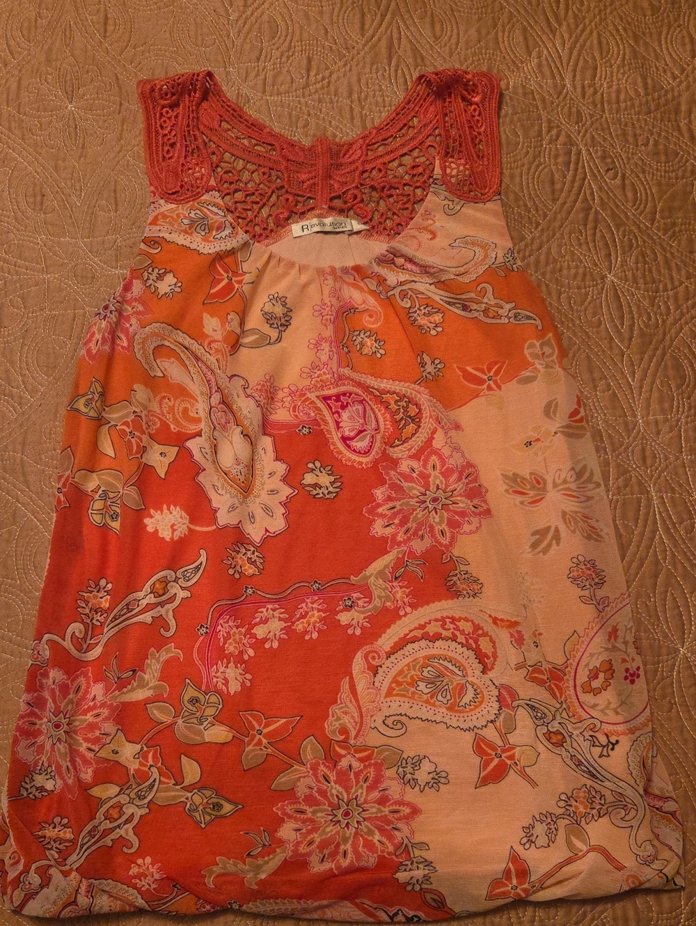 Revolution By Ricki's Orangey Pink Paisley Sleeveless Top with Crochet Yoke